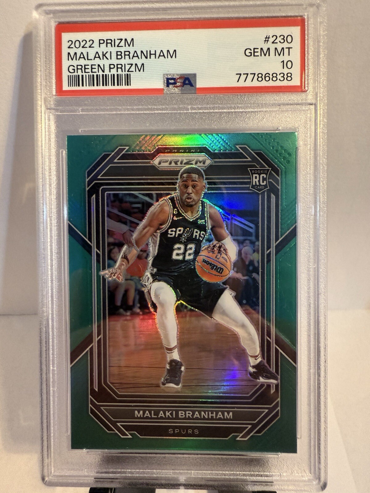 2022-2023 Prizm Malaki Branham #230 Green Ice RC PSA GEM MT 10 SPURS, WIZARDS