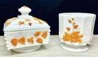 Vtg. Westmoreland Milk Glass Paneled Grape Hand Painted Honey Dish & Open Sugar