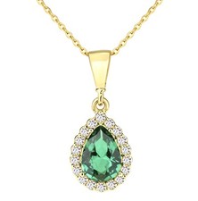9ct Yellow Gold Simulated EMERALD & CZ Teardrop Pendant Necklace + 18 inch Chain