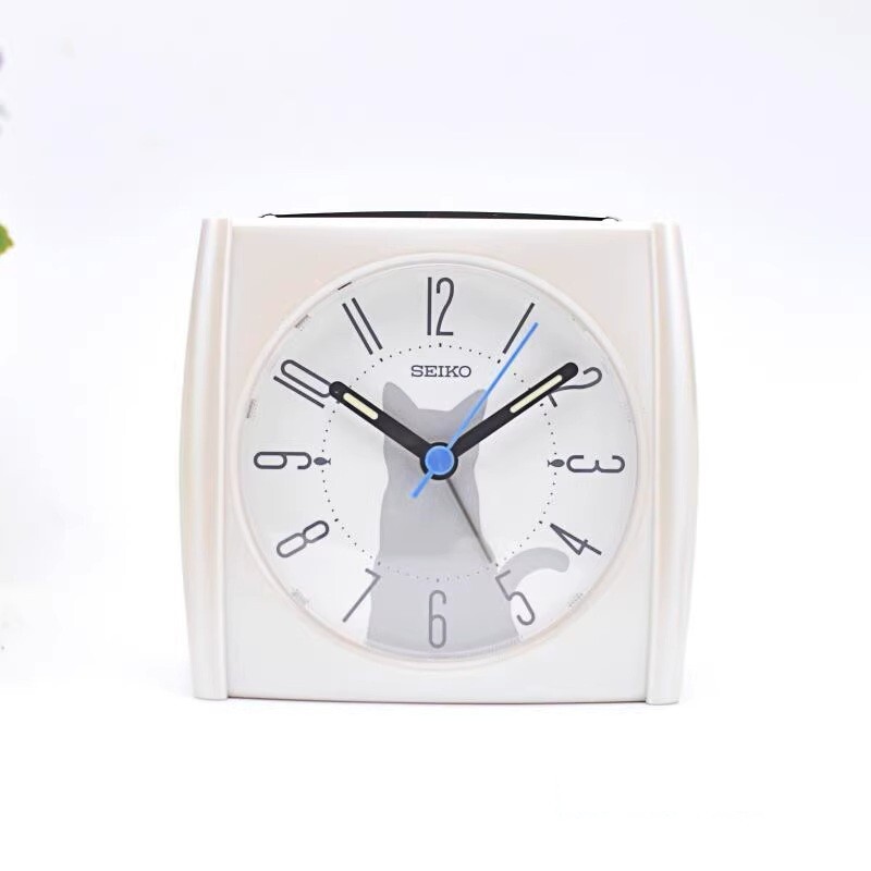 Seiko white kitten cat bedside ALARM CLOCK QHE209W Light Snooze
