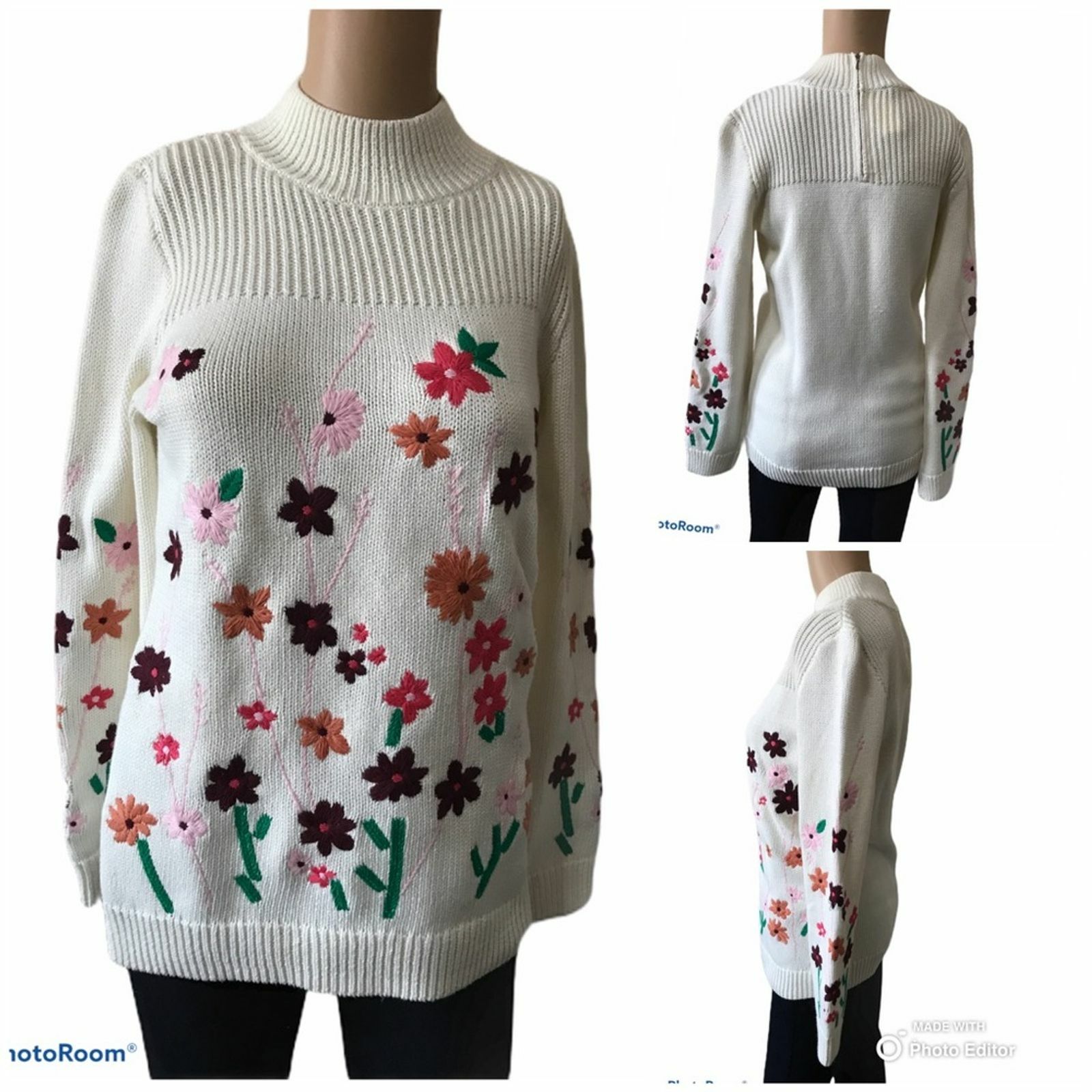 Talbots Cream knit Embroidered Flower Sweater XS Gem