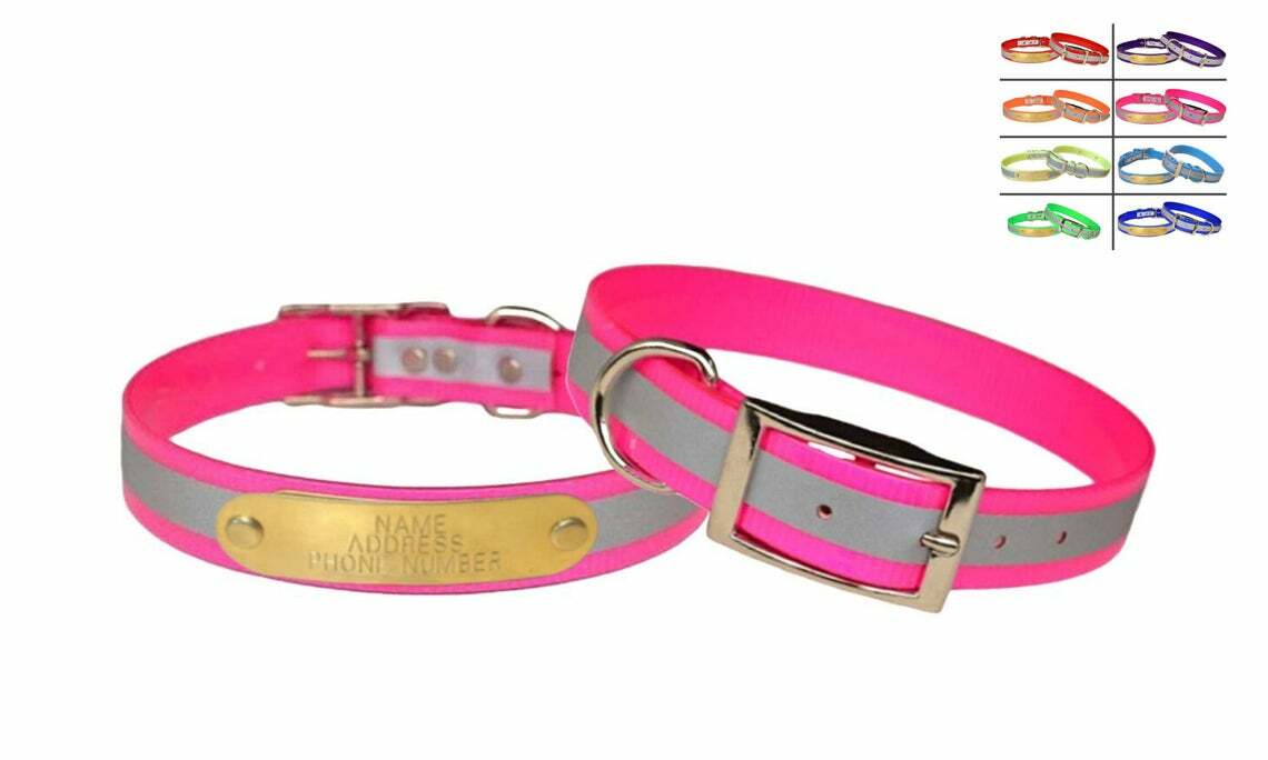 WARNER SPORTING REFLECTIVE DAYGLO DOG COLLAR PINK 23" FREE ENGRAVED ID