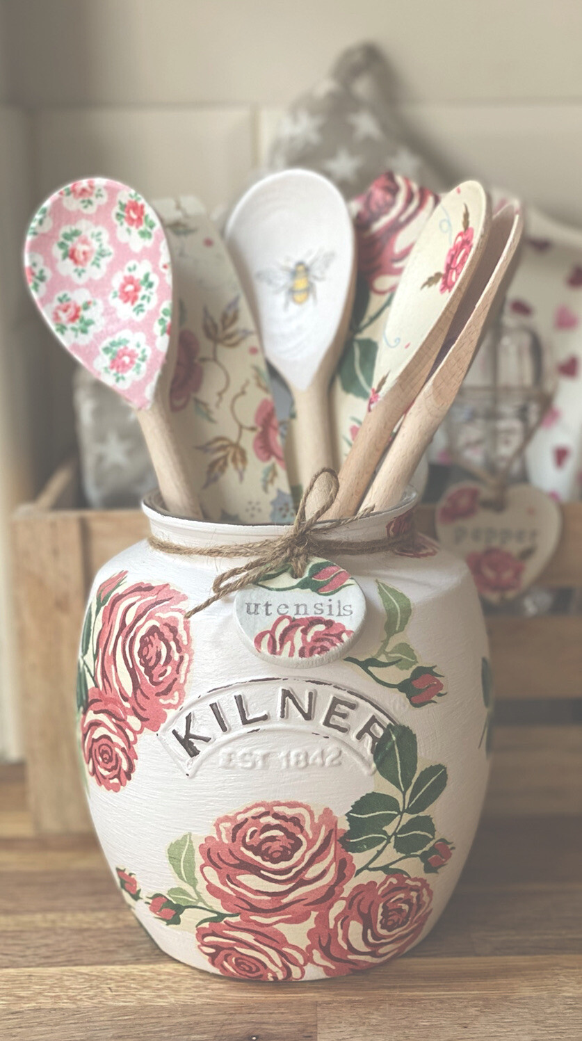 Emma Bridgewater Themed Kilner Utensils Jar Pink Roses With Clay Tag