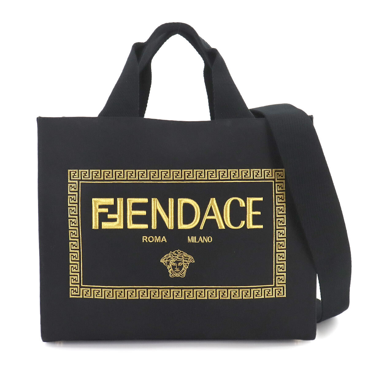 FENDI FENDACE 2way Tote Shoulder Bag Canvas Black Gold 8BH395 
