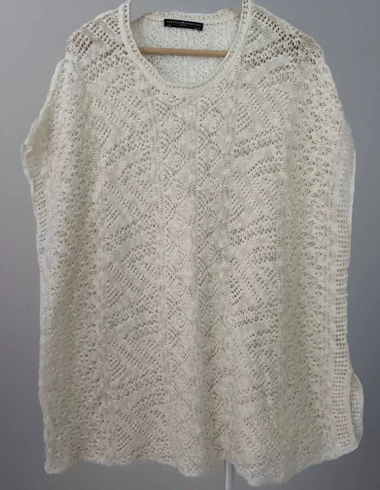Peruvian Connection Open Knit Crochet Poncho Sleeveless Tunic Cream One Sz Boho