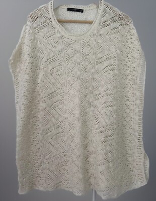 Peruvian Connection Open Knit Crochet Poncho Sleeveless Tunic Cream One Sz Boho
