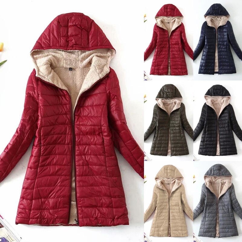 Ladies Long Sleeve Jackets Women Fleece Winter Warm Slim Hooded Quilted