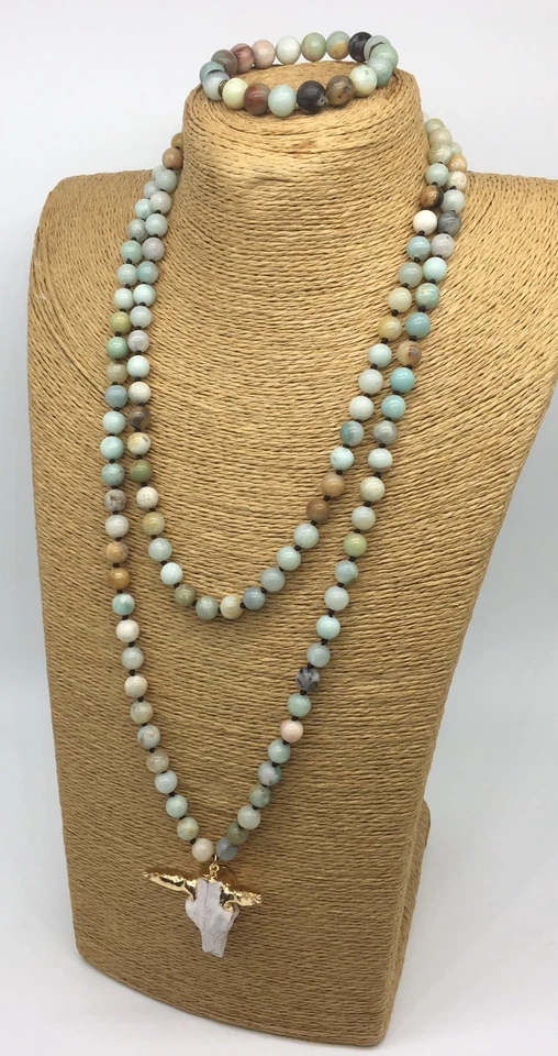 Fashion semi precious Amazonite Stones steer pendant Necklace + 10mm bracelet Foto 3 de 4