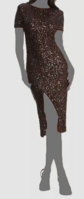 Dress The Population Women's Brown Natasha Sequined Side-Slit MIDI Dress Size XS
