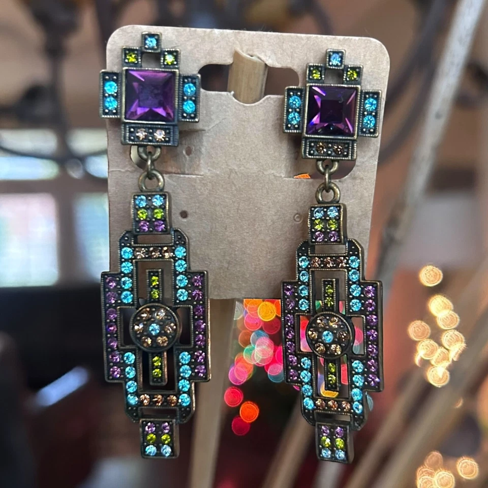 Heidi Daus Multicolor Swarovski Crystal Art Deco Dangle Drop Clip On Earrings - Image 2 of 4