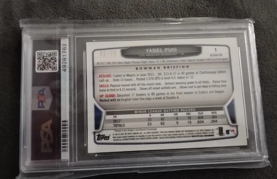 Yasiel Puig 2013 Bowman Chrome DP & PROS Rookie Blue Refractor PSA 9 #80/99 - Image 2 of 2