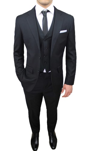 ABITO UOMO SARTORIALE NERO ELEGANTE SET COMPLETO CON GILET CRAVATTA E  POCHETTE | eBay