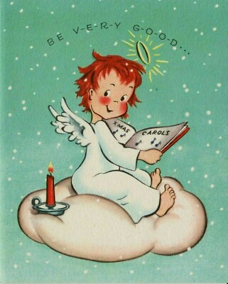 VTG CHRISTMAS GREETING CARD ''BE V-E-R-Y G-O-O-D'' ANGEL ON PINK CLOUD 1946 UNUSED