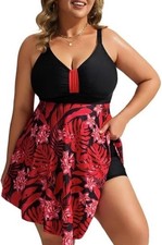 Hanna Nikole Women's Plus 1 Piece Swimsuit Tummy Control Red Leaves