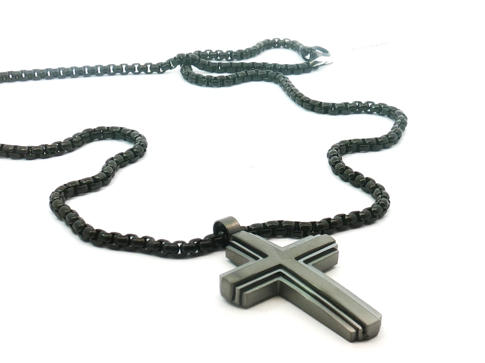 Collares Colgantes Cadena Acero Inoxidable Negro Doble Cruz Hombre 24", Gran Regalo Foto 4 de 4