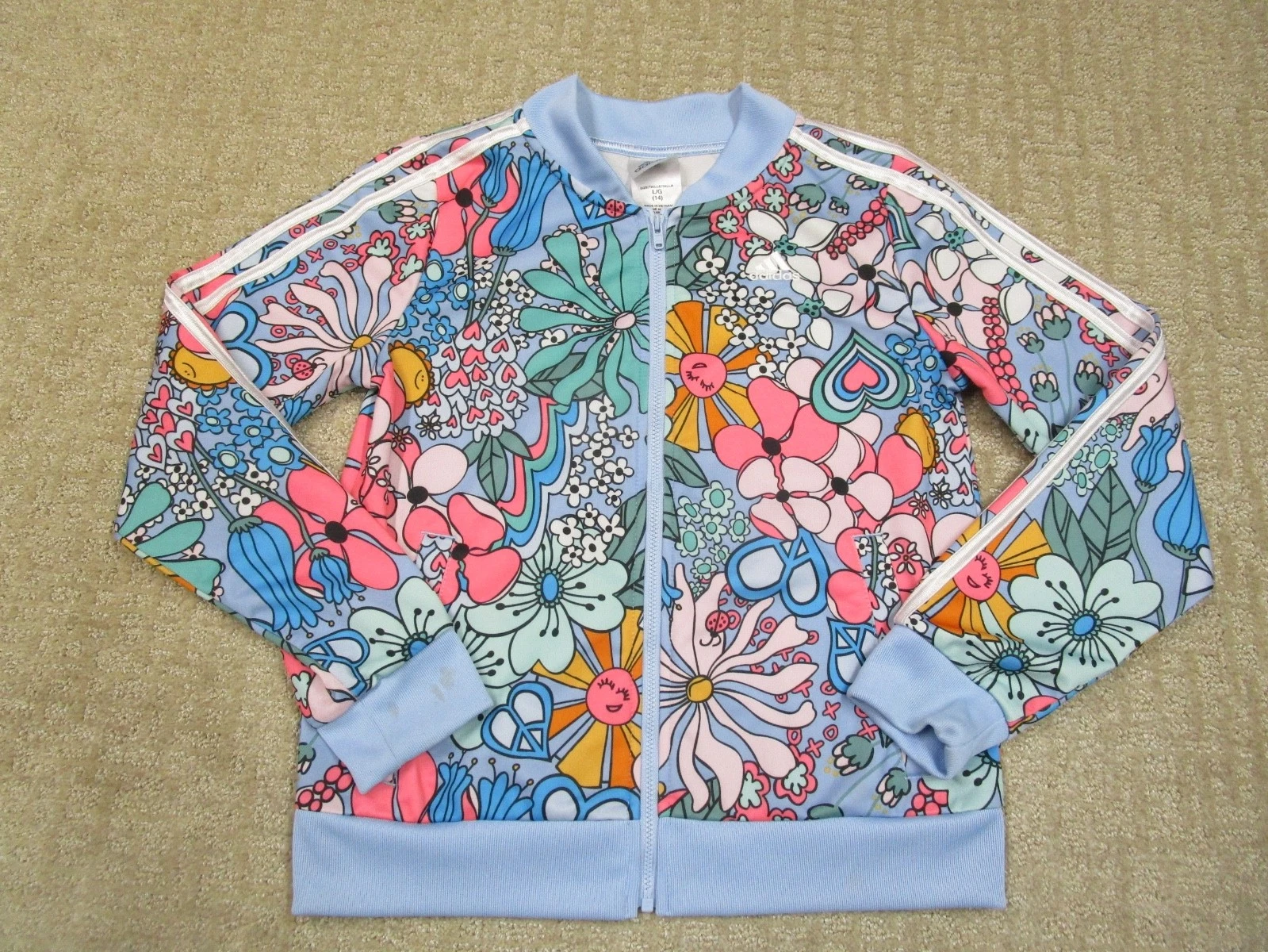 Adidas Jacket Girls Large Blue Floral Youth Kids Track Windbreaker Colorful AOP