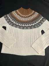 Copper Key Sweater Sz L Cream Fisherman Knit Brown Fair Isle Fuzzy Nordic Cozy