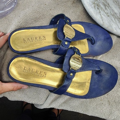 Ralph Lauren Zapatos Mujer Talla 7 Kalana Azul Marino Cuero Tanga Sandalias *EXCELENTE ESTADO* - Imagen 9 de 12