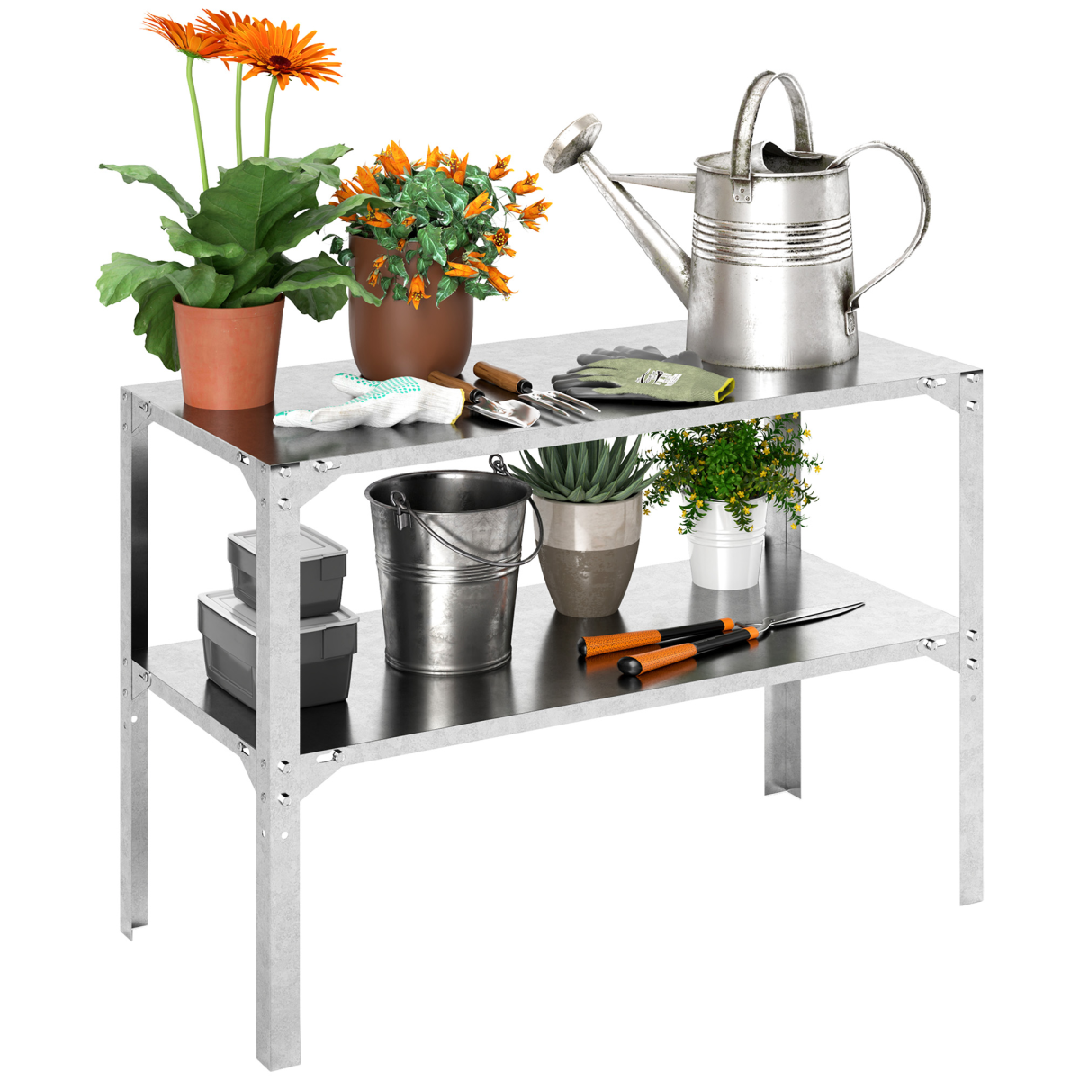 Outsunny 2 Tier Potting Bench Table Work Bench 110 x 50 x 75 cm Silver Tone | Galvanised Steel, Garden Planting Workstation, Storage Shelf, Outdoor, Patio, Greenhouse - Image 2
