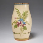 VTG Weller Pottery Inscribed Floral Vase Purple Blue Flowers Striped Design 9"
