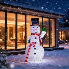 5.7FT Christmas Snowman Holding Candy Cane for In/Outdoor Decoration with Lights