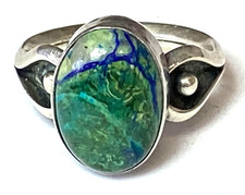 Sterling Silver Signed A Oval Azurite Malachite 15mm Ring Size 7