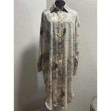 HM Womens Large Cream Black Scenic Toile Print Satin Shirt Dress Long Sleeve L