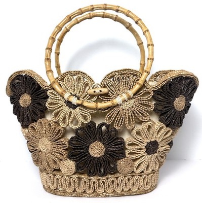 Vtg Benetton Floral Straw Bag Bamboo Handle Boho Raffia Bucket Tote Woven Flower