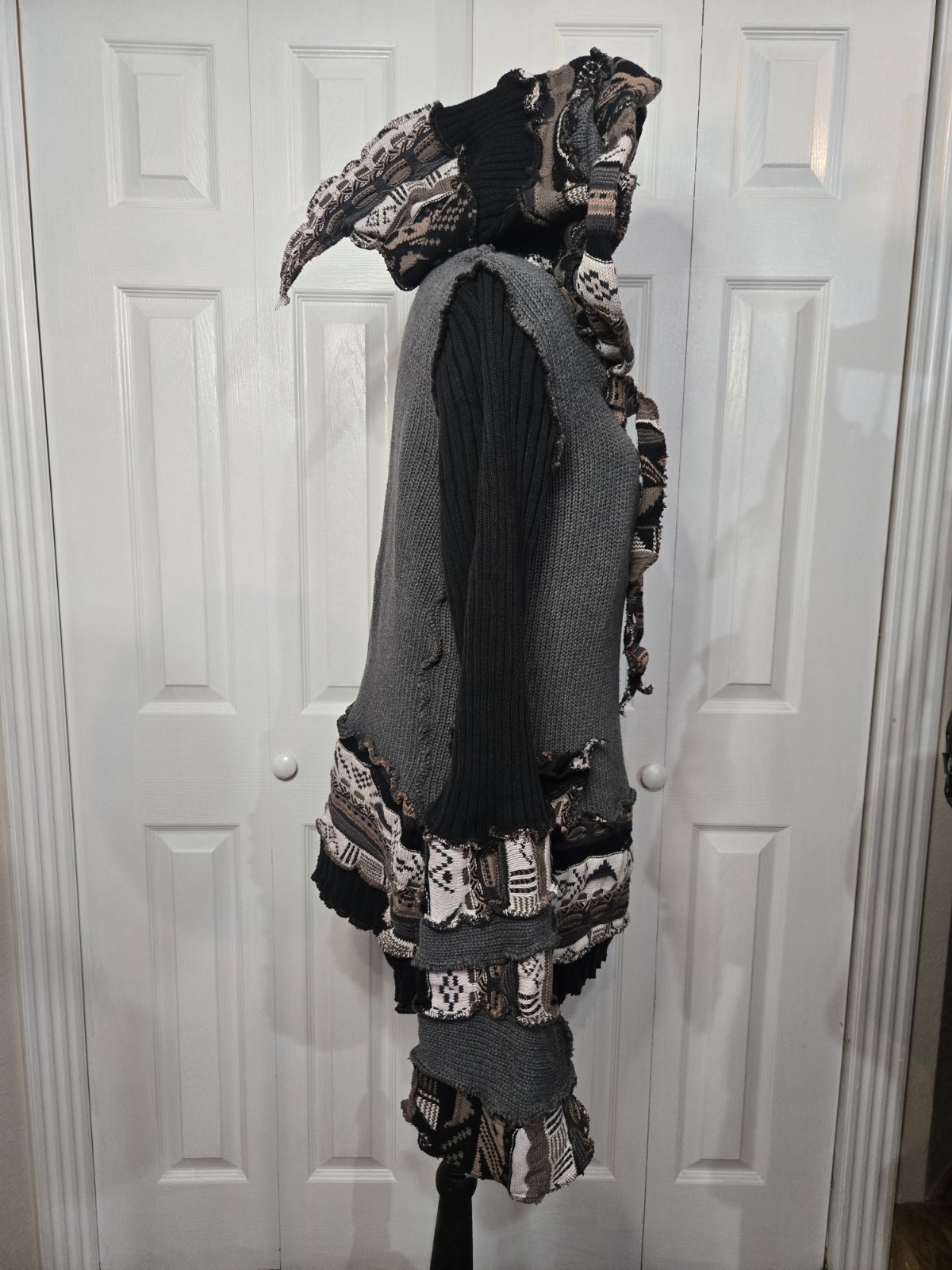 Katwise Upcycled Patchwork Hooded Ruffle Knit Swe… - image 2