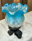 Vintage Bronze Table Lamp Blue &white Frosted Handblown Glass Tulip Lampshade