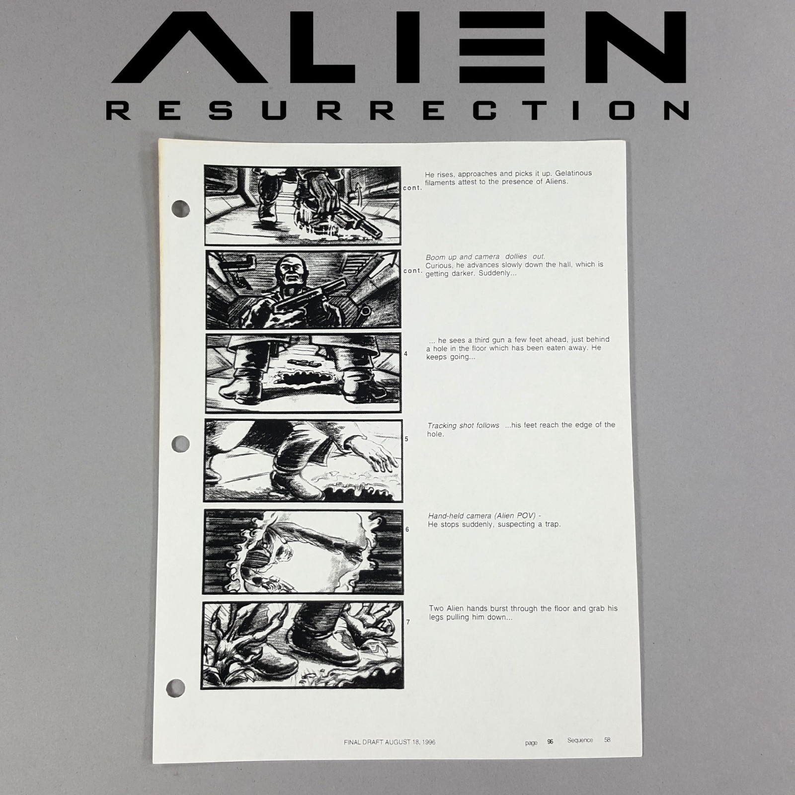 Alien: Resurrection - Production Used Storyboard, Alien Grabs Thru Hole in Floor