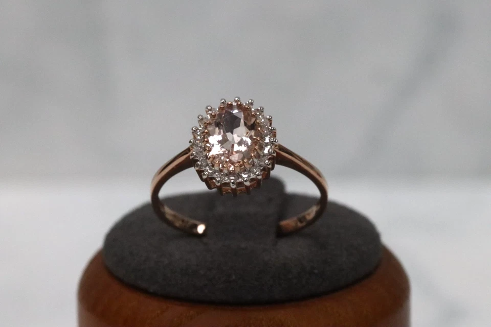 Anillo con racimo de diamantes y morganita de oro rosa de 9 quilates - talla P1/2 - sello del Reino Unido Foto 3 de 4