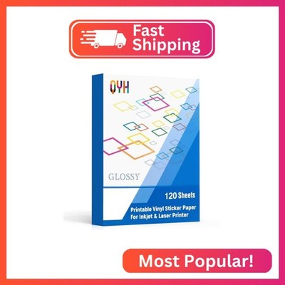 QYH Glossy Printable Vinyl Sticker Paper, 120 Sheets Waterproof White Bulk