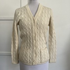 Vtg 80s Cable Knit Cardigan Sweater Cream Wool Blend Made in Hong Kong Women's L