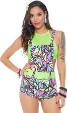 Geometric Print Overalls Shorts Pouch Pocket Criss Cross Straps 338550 M/L
