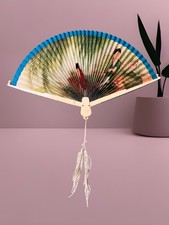 VNTG Double Sided Gorgeous Unicorn Brand Plastic Celluloid Hand Fan Floral 10  
