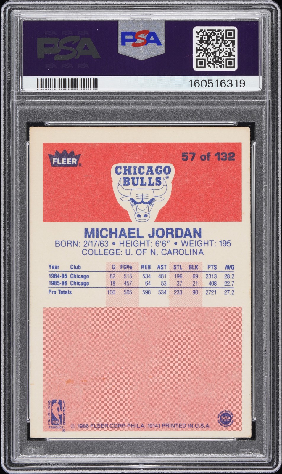 1986 FLEER #57 MICHAEL JORDAN ROOKIE RC PSA 2 view 2