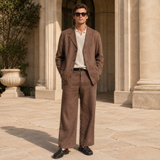 Mens Brown Linen Suit 2 Piece Wide Leg Blazer Pants Wedding Casual Set