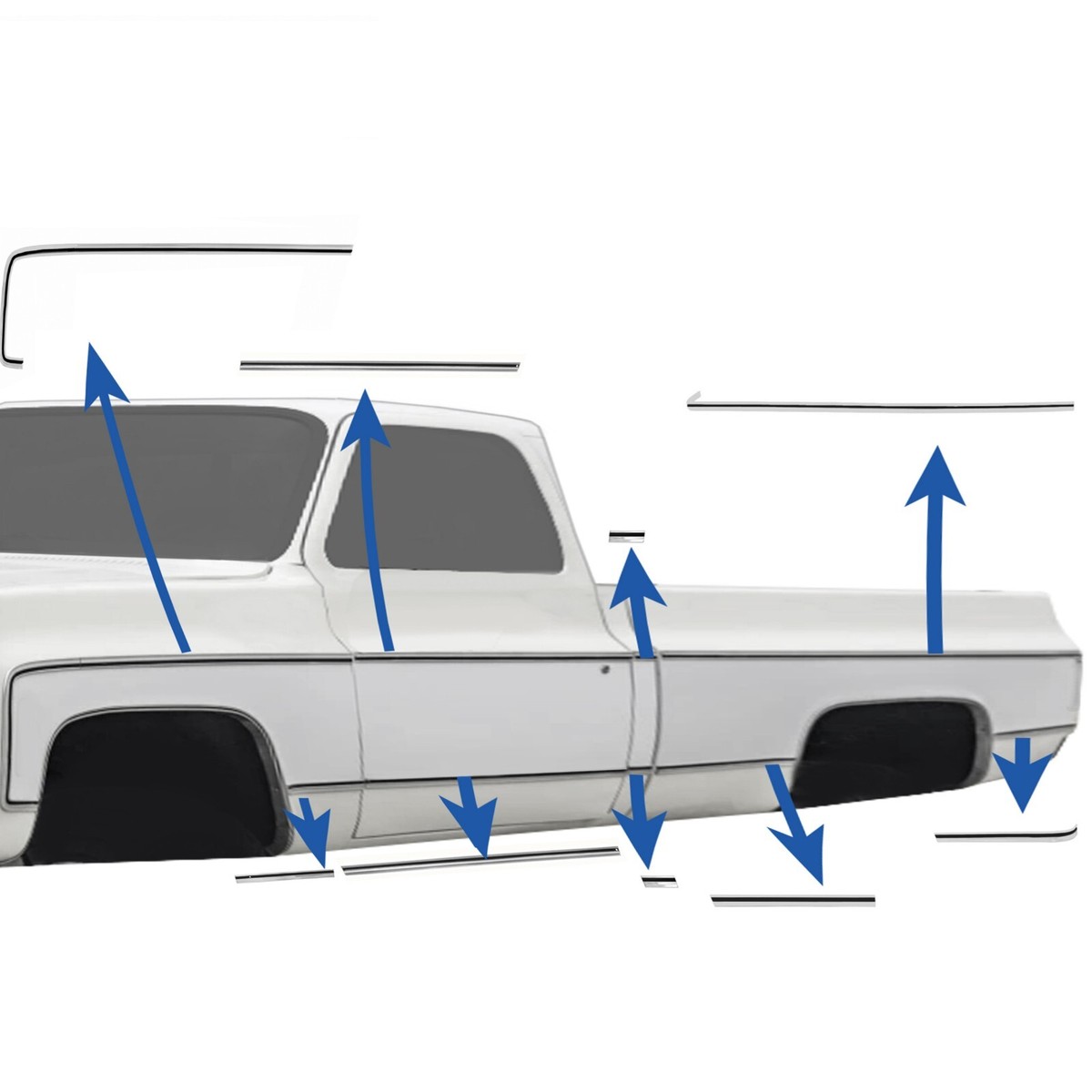 1973~1980 Chevy Truck 8' Bed Fender Door Bed Body Molding Set Left
