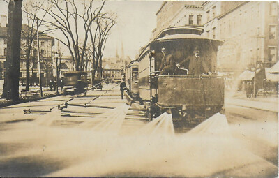 #ad Unusual RPPC of Trolley Street Car w Road amp; Sidewalk Washer Spray Arms 1910 15 $38.25