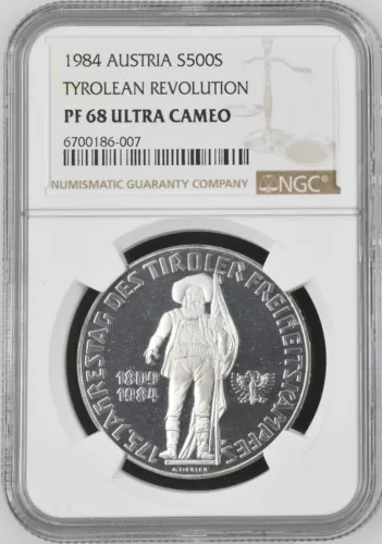 1984 Austria Silver 500 Schilling Tyrolean Revolution - NGC PF 68 UC