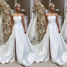 Vintage Satin Wedding Dresses Off Shoulder High Side Slit A-line Bridal Gowns