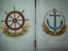 Captain & First Mate Bathroom SET OF 2 HAND TOWELS EMBROIDERED