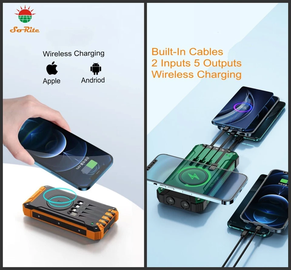 2025 Solar Charger Power Bank Wireless 4 iOS Type-C USB Cables iPhone Android - Image 3 of 4