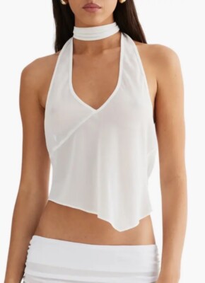 LIONESS RENDEZVOUS HALTER Top Medium Cream Sage Sheer Urban Outfitters
