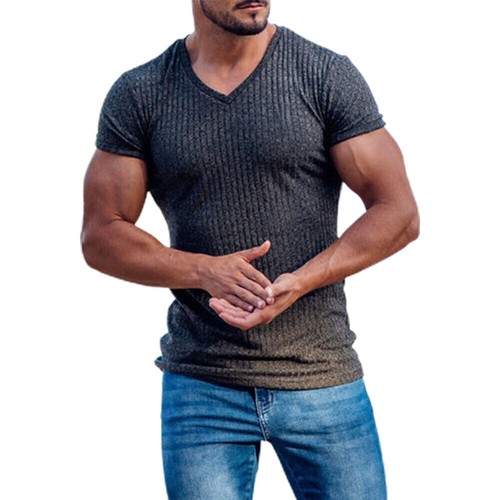 Mens Ribbed V-Neck Short Sleeve T-Shirt Casual Sports Slim Fit Muscle Tee Tops - Imagen 11 de 23