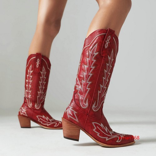 Stickerei Cowboy Kniehohe Stiefel Damen Halbhoher Halbhoher Absatz Western Cowgirl Stiefel - Bild 2 von 28
