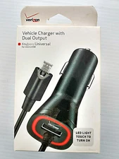 New Verizon Vehicle Car Charger With Dual Output Micro USB 9 Ft Cable LED Light