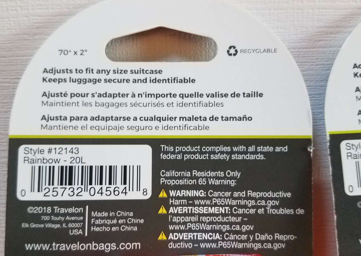 Set of 2- Travelon Luggage Straps Rainbow Pattern 70" x 2" NEW