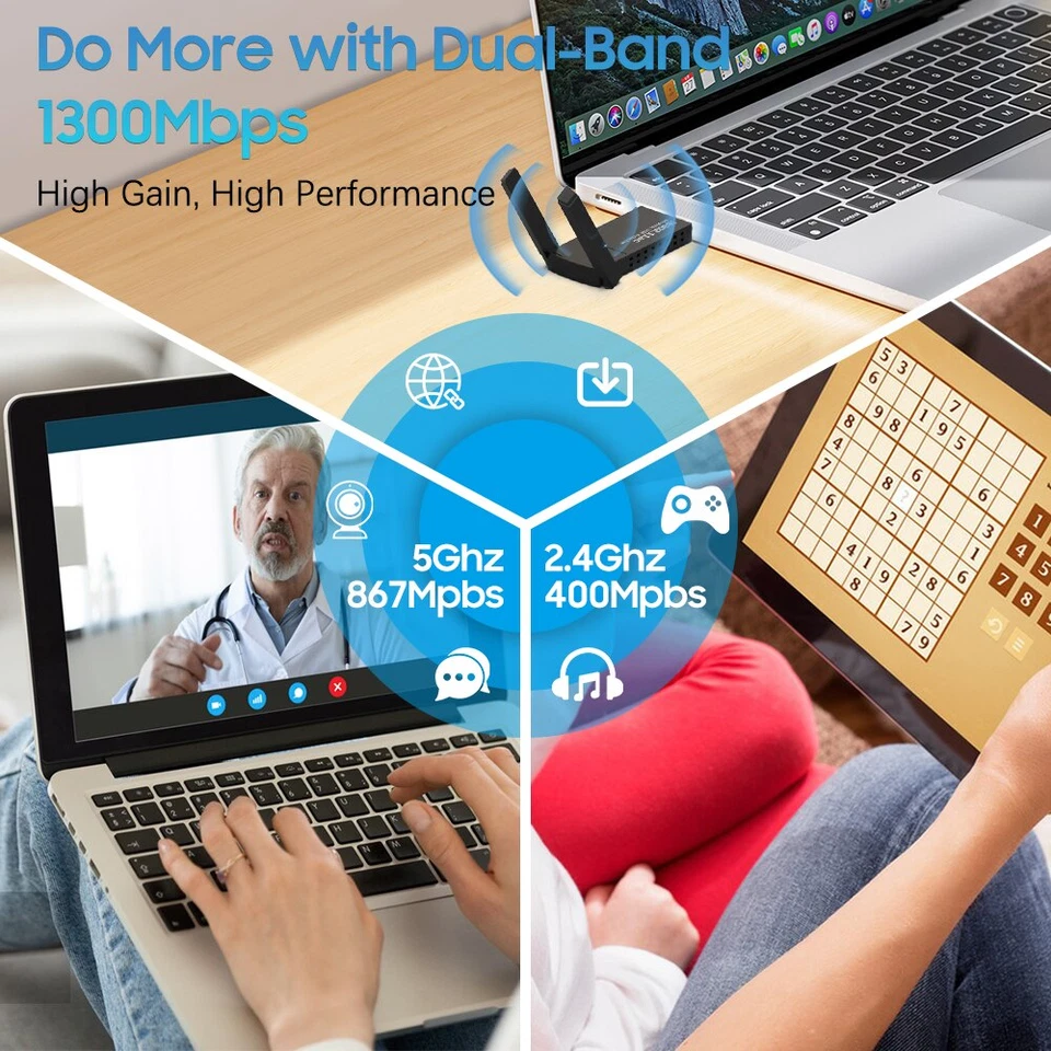 USB 3.0 Wireless WIFI Adapter 1300Mbps Long Range Dongle Dual Band Network lot - Image 2 of 4